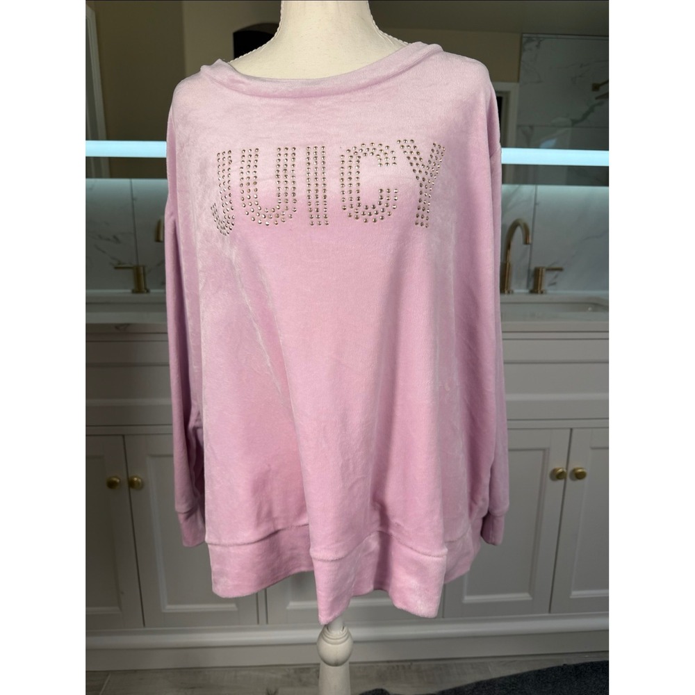 Juicy Couture Velour Sweatshirt Womens 1X Pink Rhinestone Logo Top - Picture 15 of 16